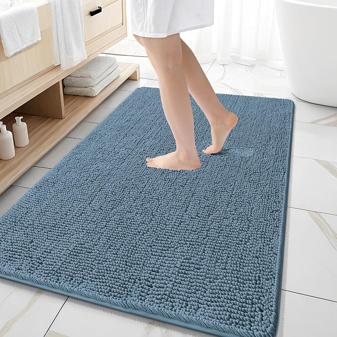 OLANLY Large Bathroom Rugs 59x35, Extra Soft Absorbent Chenille Bath Rugs, Rubber Backing Quick Dry, Machine Washable Bath Mats for Bathroom Floor, Tub and Shower, Home Decor Accessories, Airy Blue