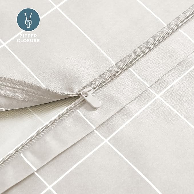 Bare Home Duvet Cover - Queen Size Bedding Set - Premium 1800 Super Soft Collection - Lightweight, Cooling - Soft Breathable Duvet Cover (Queen, Grid – Stone/White)