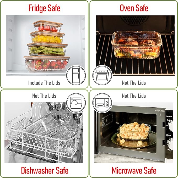 Set of 4 Stackable Space-Saving Nesting Glass Bowls with Airtight Acacia Lids for Lunch, Meal & Food Prep - Microwave & Oven-ready BPA Free Durable Heat Resistant Inert Borosilicate Glass