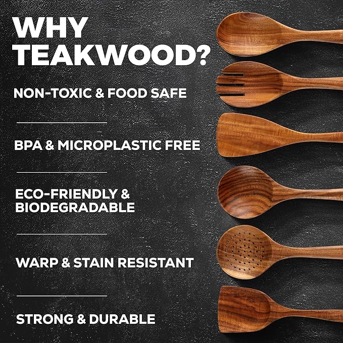 Zulay Kitchen 6 Piece Wooden Spoons for Cooking – Natural Teak Wooden Utensil Set, Easy to Clean, Durable, Smooth with Comfort Grip - Non Toxic Wooden Cooking Utensil Sets