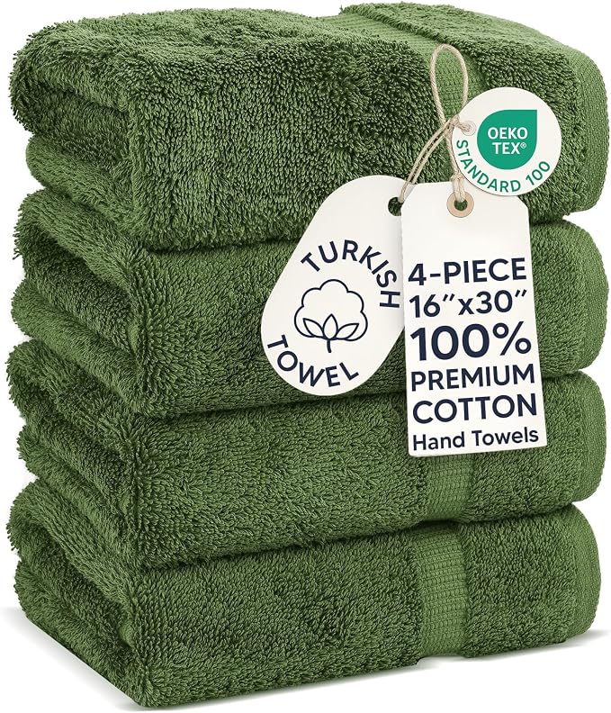 Chakir Turkish Linens 4 Piece Hand Towels, 100% Cotton Turkish Towels for Bathroom, Luxury Soft Absorbent Hand Towel Set, 16 x 30 Inches, Moss