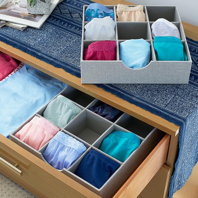 Household Essentials Drawer Organizer Tray with Fabric Cover and 9 Square Compartments, Gray, Set of 2