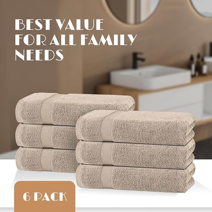 White Classic Wealuxe Taupe Bath Towels 24x50 Inch, Cotton Towel Set for Bathroom, Hotel, Gym, Spa, Soft Extra Absorbent Quick Dry 6 Pack