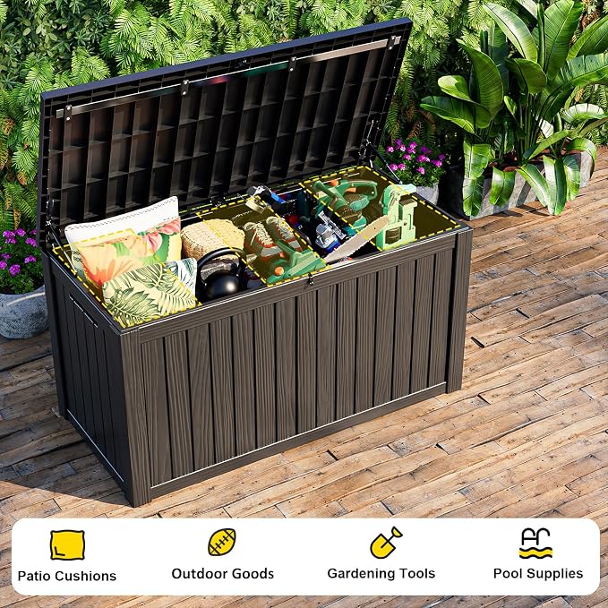 DRATO 180 Gallon Deck Boxes Outdoor Waterproof, Lockable Outdoor Storage Box for Patio Furniture Pool Supplies Garden Tools, Weatherproof Resin Storage Box for Backyard (Black, 180 Gallon)