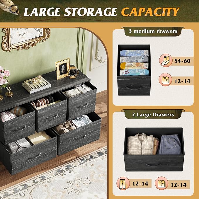 WLIVE 5 Drawer Dresser for Bedroom, Wide Chest of Drawers, Black Wood Grain | 5 roomy fabric drawers, Wide low-profile design, Bedroom or closet use, Sturdy steel frame, Smooth wood tabletop