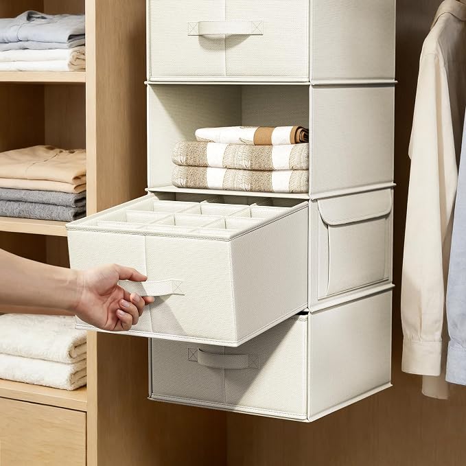Vailando 6-Shelf Hanging Closet Organizer with 3 Drawers, 6-Shelf Inseparable Closet Organizers and Storage for Wardrobe Organization, Hanging Dresser for Nursury & Dorm Clothes Organizer, Beige