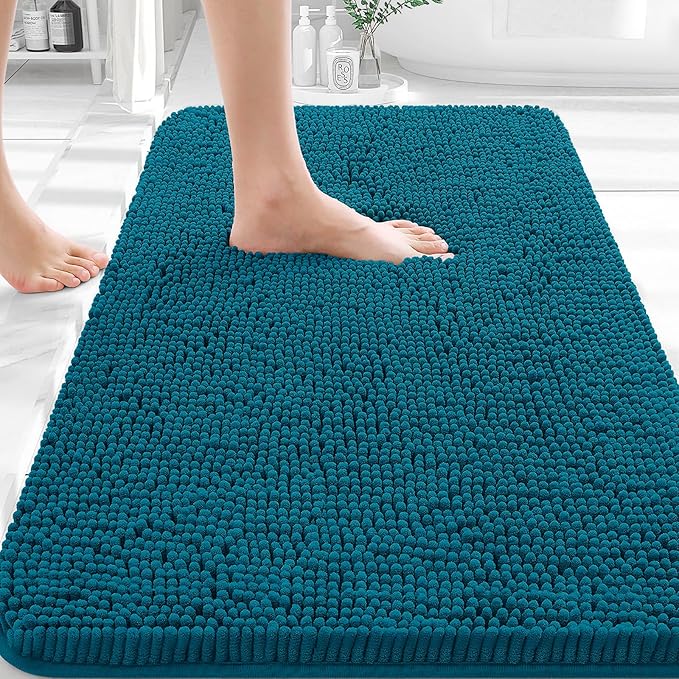 OLANLY Bathroom Rugs 35x24, Extra Soft Absorbent Chenille Bath Rugs, Rubber Backing Quick Dry, Machine Washable Bath Mats for Bathroom Floor, Tub and Shower, Home Decor Accessories, Peacock Blue