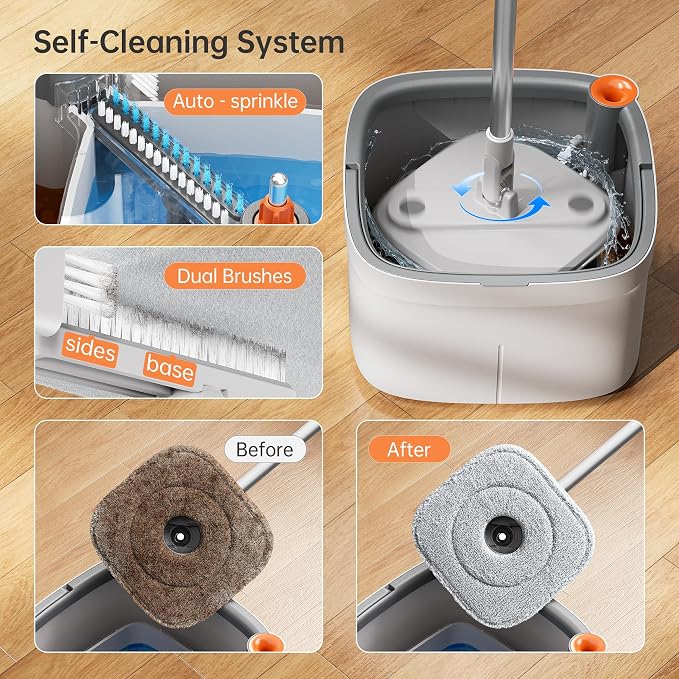 Spin Mop and Bucket Set with Self Separation Dirty and Clean Water System, Self Wringing 360° Rotating Square Mop Head for Home Floors Cleaning (1.0 Mop and Bucket Set (6 Pads))