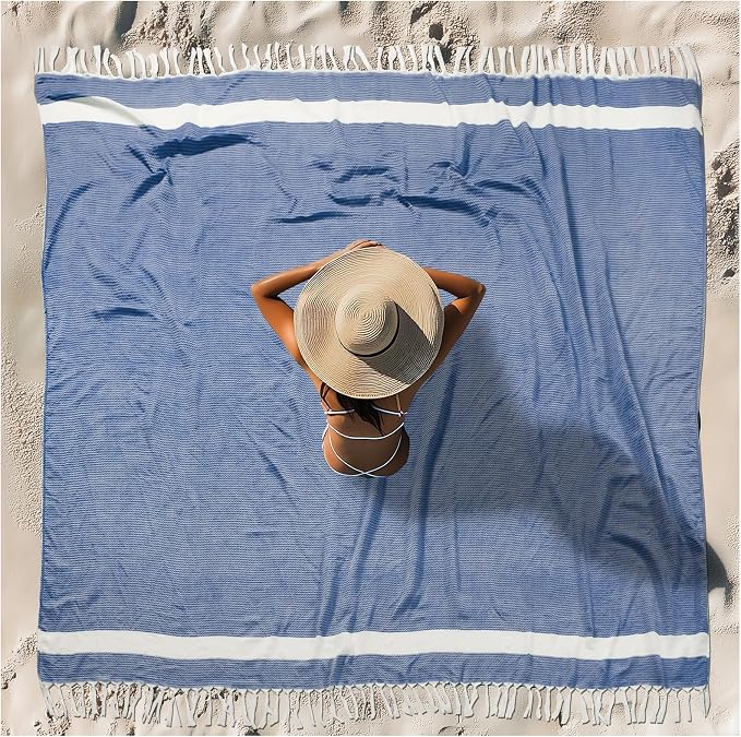Vikumond Turkish Beach Towel Blanket Oversized 88x82 Inch Quick Dry Blue | Lightweight Compact Portable Sand Free Absorbent Boho Woven Throw for Pool Swimming Picnic Camping Cruise Outdoor Essentials