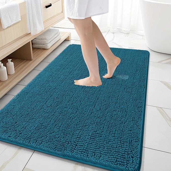 OLANLY Large Bathroom Rugs 59x35, Extra Soft Absorbent Chenille Bath Rugs, Rubber Backing Quick Dry, Machine Washable Bath Mats for Bathroom Floor, Tub and Shower, Home Decor Accessories, Peacock Blue