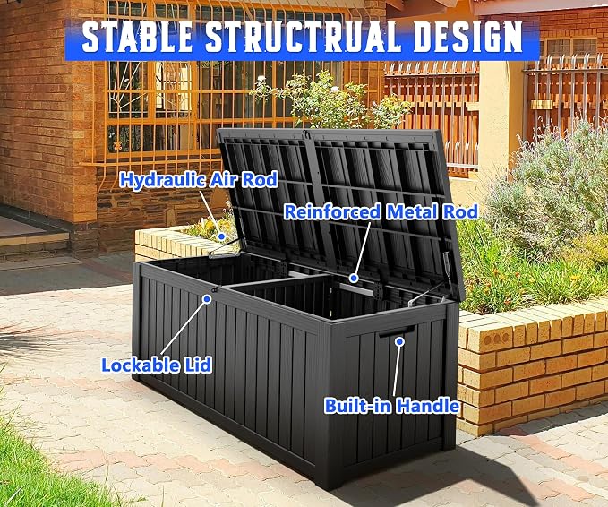 150 Gal Deck Box,Outdoor Storage Box Waterproof Lockable,Gas Lift,Black | Large Resin Deck Box, UV-resistant all-weather, lockable storage for patio furniture, garden tools, pool accessories, black