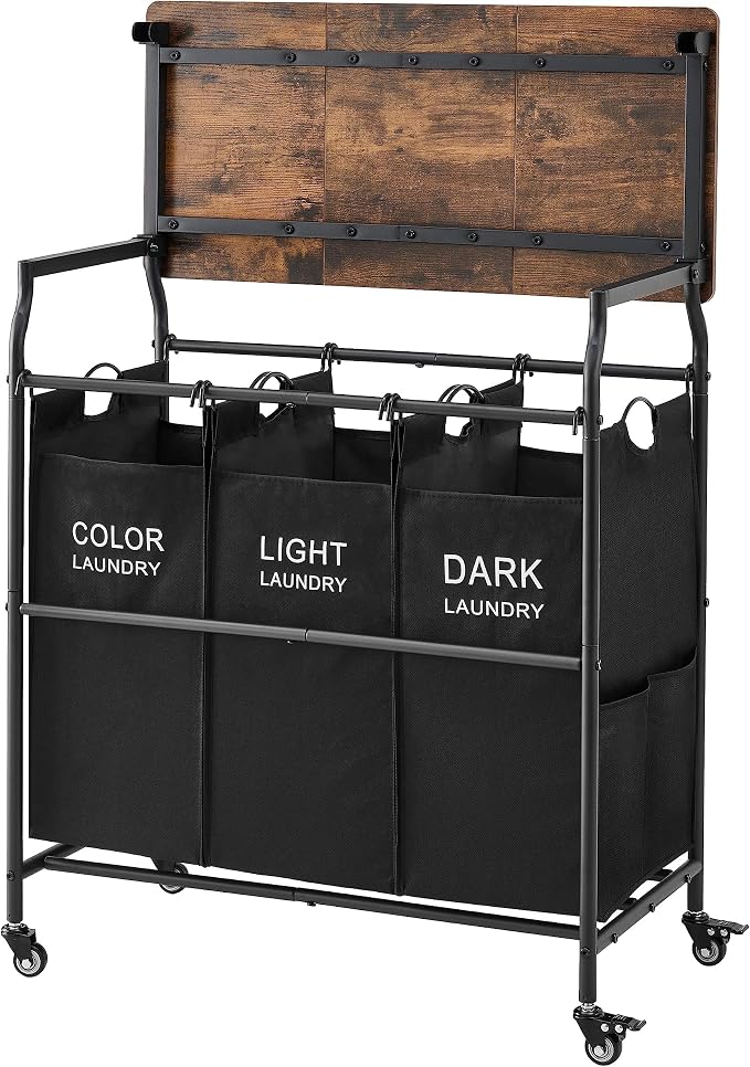 Hoctieon 3 Section Laundry Sorter with Iorning Board, Laundry Hamper, Black | Lockable Wheels, Laundry Basket Organizer with Wheels, Heavy Duty Clothes Organizer, Large Clothes Separator, Removable Bags