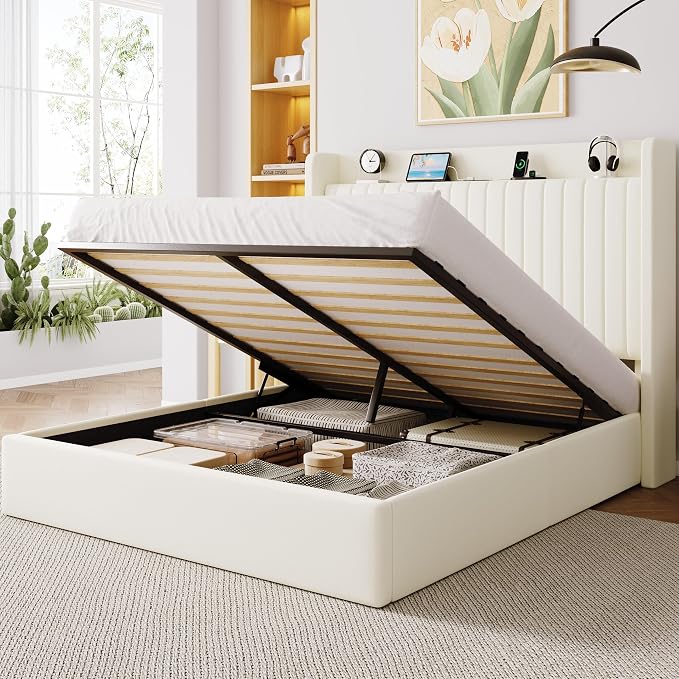 Allewie Queen Lift Up Storage Hydraulic Bed Frame,Charging Station,Cream | Storage Shelf Headboard with Charging Station,Type-C,USB Ports,Hydraulic Support,Velvet Upholstered,No Box Spring Needed