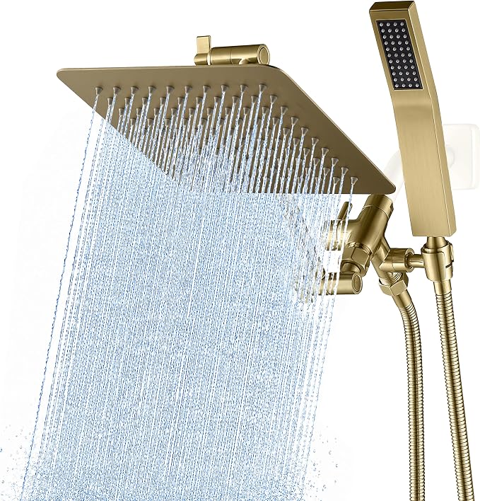 G-Promise All Metal 8-Inch Dual Square Shower Head Combo, Rain Shower Head, Handheld Shower Wand with 71-Inch Extra Long Hose, 3-Way Diverter, Adjustable Extension Arm, Brushed Gold