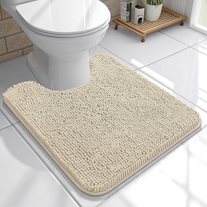 OLANLY Toilet Rugs U-Shaped 20x20, Extra Soft Absorbent Chenille Contour Bathroom Rugs for Toilet, Dry Quickly, Machine Washable, Non-Slip Bath Mat, Sand