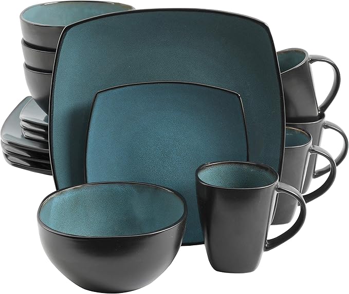 Gibson Elite Soho Lounge 16-Piece Reactive Glaze Dinnerware Set – Teal and Black Tutone Stoneware Plates and Bowls