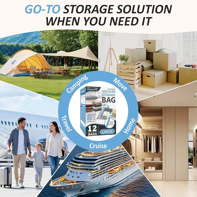 Cozy Essential Vacuum Storage Bags, 80% Compression Vacuum Seal Space Saver Plastic Packaging Bags for Clothes, Blankets, Pillow, Bedding, Comforters, Sealer Clothing Storage,12 Large