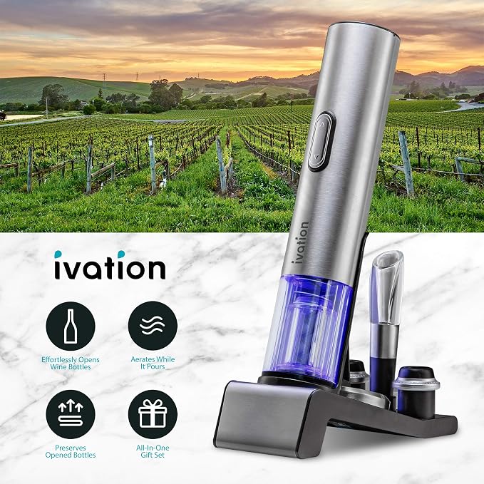 Ivation 6-in-1 Electric Wine Opener Gift Set, Preserver, Charging Base | Stainless steel bar collection for hosts - includes aerator, foil cutter, and date-stamped stoppers to keep bottles fresh