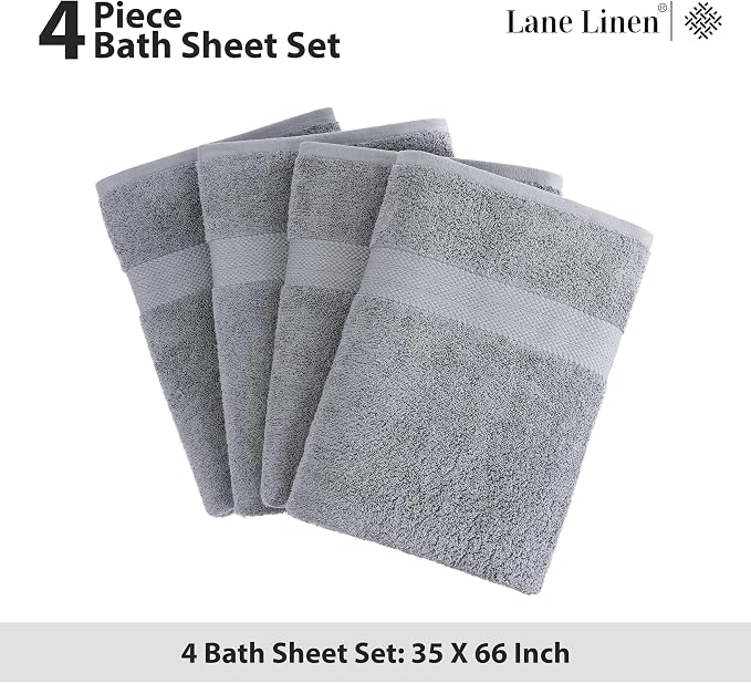 LANE LINEN Bath Sheets 100% Cotton 4 Pack Oversized Soft - Grey | Oversized Shower Sheets - Generously Sized, Oversized & Roomy, Lightweight & Breathable, Fade-Resistant Color