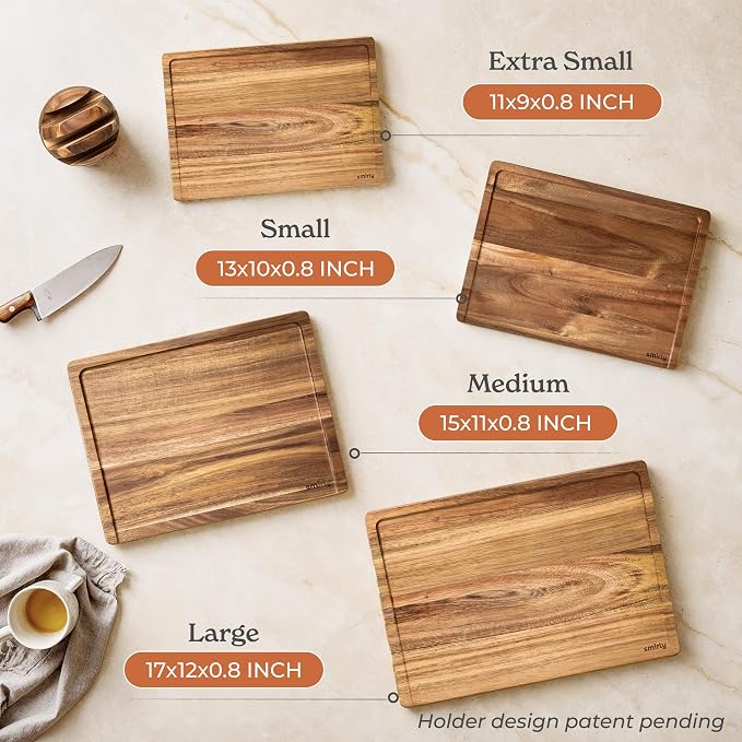 SMIRLY Acacia Wood Cutting Board - 4 Pack Cutting Board Set with Stand | Non Toxic Wooden Cutting Boards with Juice Grooves and Handles, Multiple Sizes Chopping Board for Meal Prep & Charcuterie