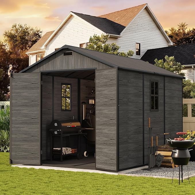 UDPATIO Outdoor Resin Storage Shed 8 x 10 FT, Plastic Storage Shed with Floor Large Outdoors Garden Tool Storage Shed Outside Clearance Shed with Lockable Door for Bike, Backyard, Patio, Dark Grey