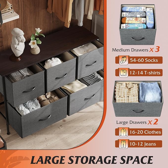 WLIVE 5 Drawer Dresser for Bedroom, Wide Chest of Drawers, Dark Grey | 5 roomy fabric drawers, Wide low-profile design, Bedroom or closet use, Sturdy steel frame, Smooth wood tabletop