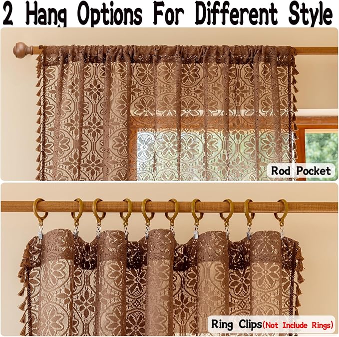 Sutuo Home Dark Coffee Boho Lace Curtains 72 inch Lengh for Nursery Bedroom, Caramel Sheer Floral Curtains Privacy Crochet Vintage Chic Tassels Bohemian Drapes Cottagecore Rod Pocket, 2 Panels 50" W