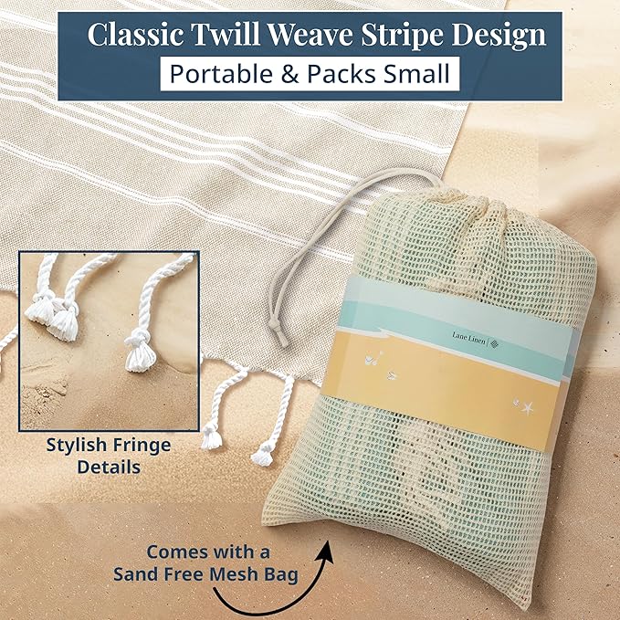 LANE LINEN Beach Blanket Sand Free, Quick Dry & Turkish Beach Towel - Beige | Extra Large Beach Blanket, 82"x82" - Seats A Family Of 4 With Room To Spare - Roomy Family Size, Soft, Packable, Portable