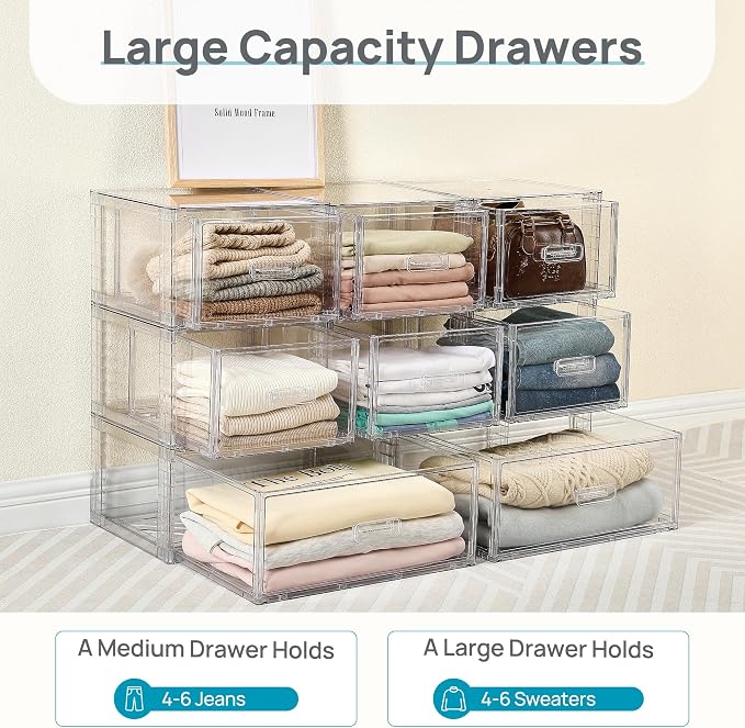 Vtopmart 9 Pack Clear Stackable Storage Drawers 15QT,Easily Assemble Closet Organizers,Plastic Storage Bins for Bathroom,Cabinet,Kitchen Pantry,Under Sink Organization(Medium)