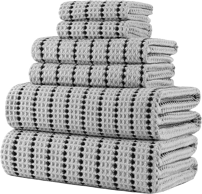 POLYTE 430 GSM Microfiber Quick Dry Lint Free Oversize Bath Towel Set, 6 Piece (Waffle Weave)