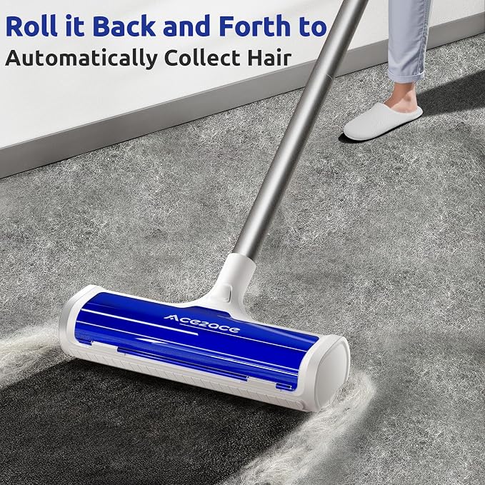 ACE2ACE A3 Pro Carpet Roller for Pet Hair, Carpet Pet Hair Removal Tool, Reusable Large Lint Rollers, 5 Feet Long Handle No Bending No Kneeling, Cat Dog Hair Remover for Carpet, Rugs, Mats, Royal