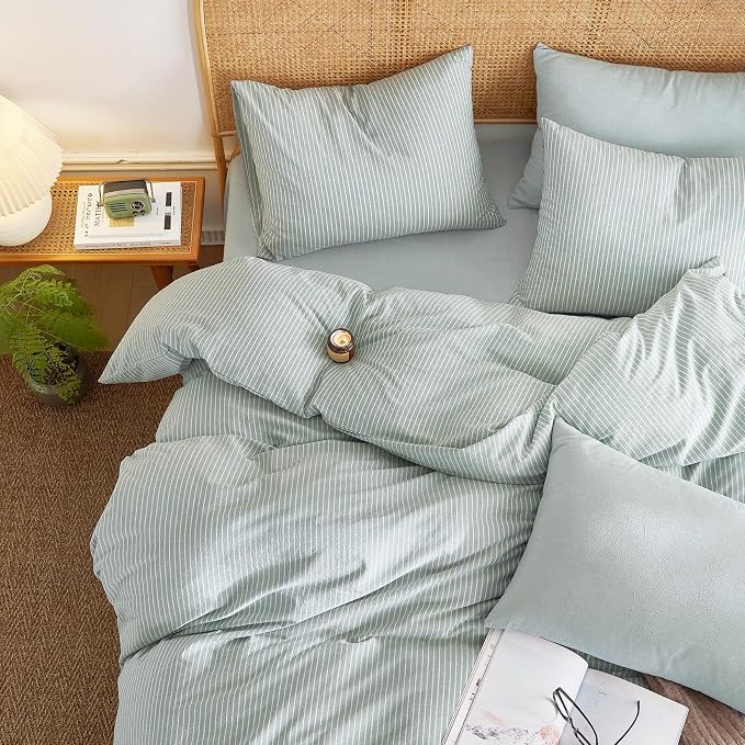 Wake In Cloud - Striped Cotton Duvet Cover Set, 100% Washed Cotton Textured Bedding Set, Ticking Stripe Pinstripe Farmhouse, 3 Pieces, Greyish Blue, King Size
