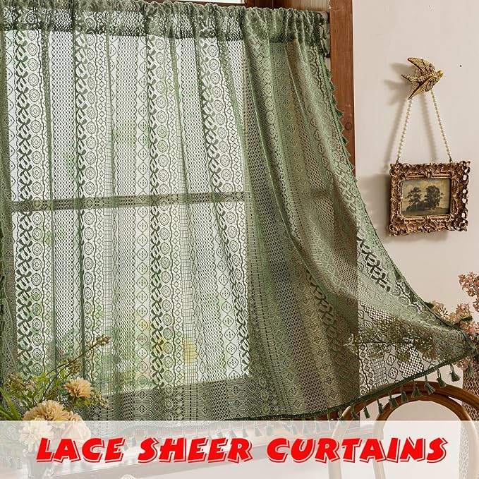 Sutuo Home Olive Green Boho Window Curtains Valance 18 inches Long 2 Panels, Farmhouse Lace Sheer Closet Decor Crochet Privacy Vintage Bohemian Tassels Retro Small Kitchen Curtains Rod Pocket, 50" W