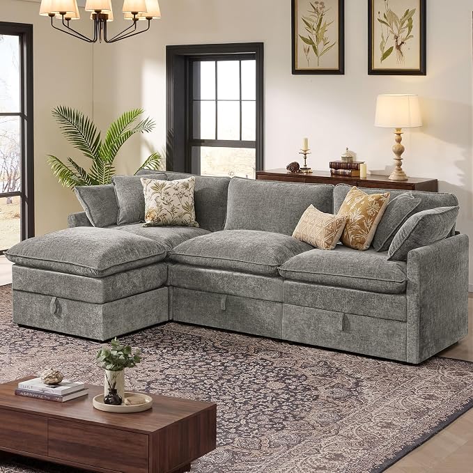 Ihanherry 103" Modular Sectional Sofa with Storage, L Shaped Cloud Couch with Movable Ottomans & Throw Pillows, Chenille Deep Seat Sectional Couches for Living Room, Apartment (Grey)
