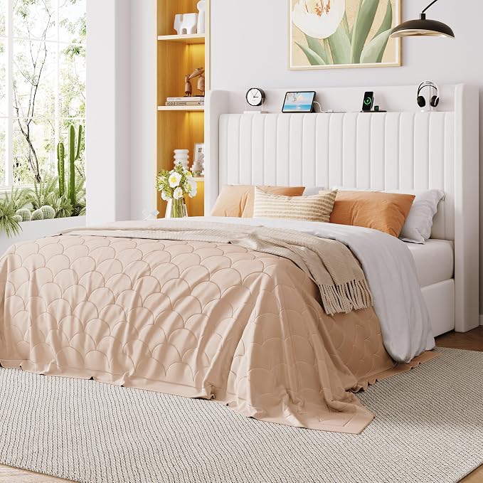 Allewie Full Lift Up Storage Hydraulic Bed Frame,Charging Station,White | Storage Shelf Headboard with Charging Station,Type-C,USB Ports,Hydraulic Support,Velvet Upholstered,No Box Spring Needed