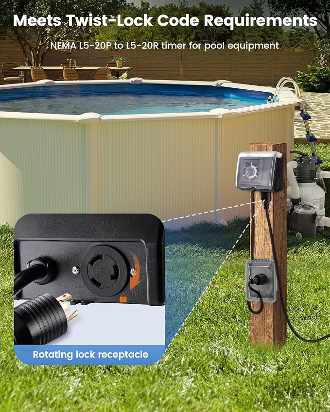 SURAIELEC Mechanical Pool Timer for Above Ground Pools, NEMA L5-20R Twist-Lock Plug-in Pool Timer, 20A 125V 1HP, Up to 3 Daily Settings, Weatherproof Cover, for Pumps, Heaters, Fountains and Lighting