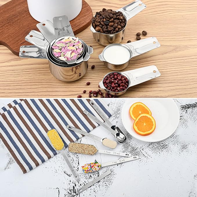 Measuring Cups and Spoons Set, 18/8 Stainless Steel Measuring Cups and Spoons set 17, Metal 7 Metric Measure Cups and 9 Dry Measure Spoons with 1 Leveler for Kitchen & Baking