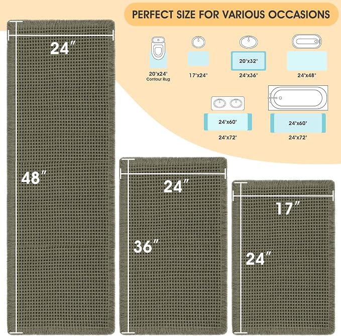 IM HOME Waffle Bath Mat Set 3 Piece Olive Green,Woven Modern Bath Rug Mats, Absorbent Non Slip Bath Floor Mat, Soft Washable Boho Bath Rugs with Tassels for Bathroom, Bedroom, Kitchen,Tub