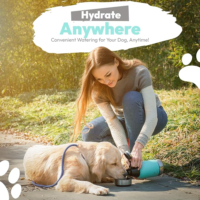 Portable Dog Water Bottle with 2 Removable Water Bowls for Dogs – Leak-Proof Insulated Stainless Steel Dog Water Bottle - Travel Accessories for Dogs - 32oz - Teal