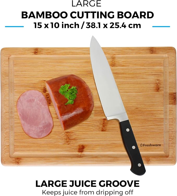 Freshware Freshware Bamboo Cutting Boards for Kitchen with Juice Groove [Set of 2] Wood Cutting Board for Chopping Meat, Vegetables, Fruits, Cheese, Knife Friendly Serving Tray with Handles