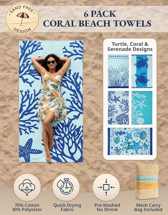LANE LINEN Beach Towels 6 Pack, Super Absorbent, Extra Large - Coral Beach | Oversized Pre-Washed Large Stylish Pool Towels for Adults - Quick Dry Lightweight Travel Towel - 39"x71", Vacation Essential