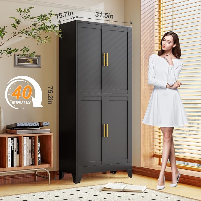 GAIOUS 75.2" Tall Metal Pantry Cabinet, Black Storage Cabinets with 4 Door | and 4 Adjustable Shelves, Kitchen Pantry Storage Cabinet, Freestanding Cupboard for Kitchen Dining Room Living Room Bathroom