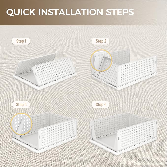 Pinkpum 8 Pack Closet Organizers and Storage Plastic Stackable Storage Bins, Foldable Drawer Shelf Storage Container for Wardrobe Kitchen Bathroom Dorm White
