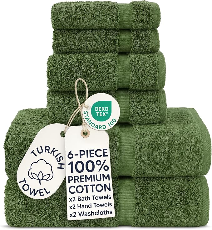Chakir Turkish Linens Luxury Spa and Hotel Quality Premium Turkish Cotton 6-Piece Towel Set (2 x Bath Towels, 2 x Hand Towels, 2 x Washcloths)