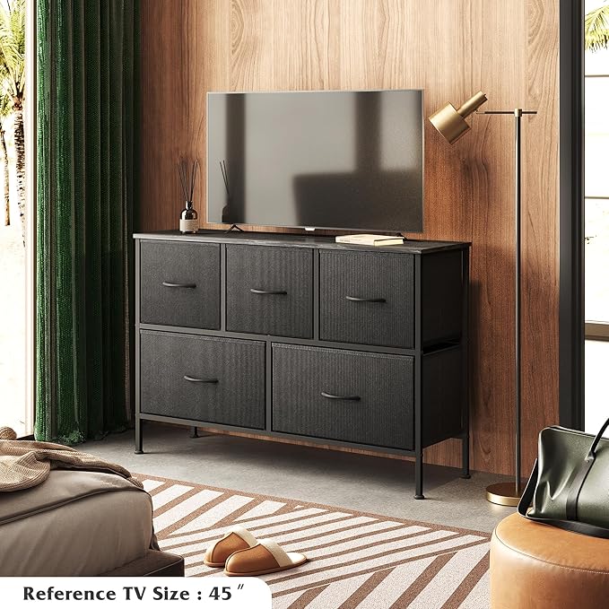 WLIVE 5 Drawer Dresser for Bedroom, Wide Chest of Drawers, Charcoal Black | 5 roomy fabric drawers, Wide low-profile design, Bedroom or closet use, Sturdy steel frame, Smooth wood tabletop