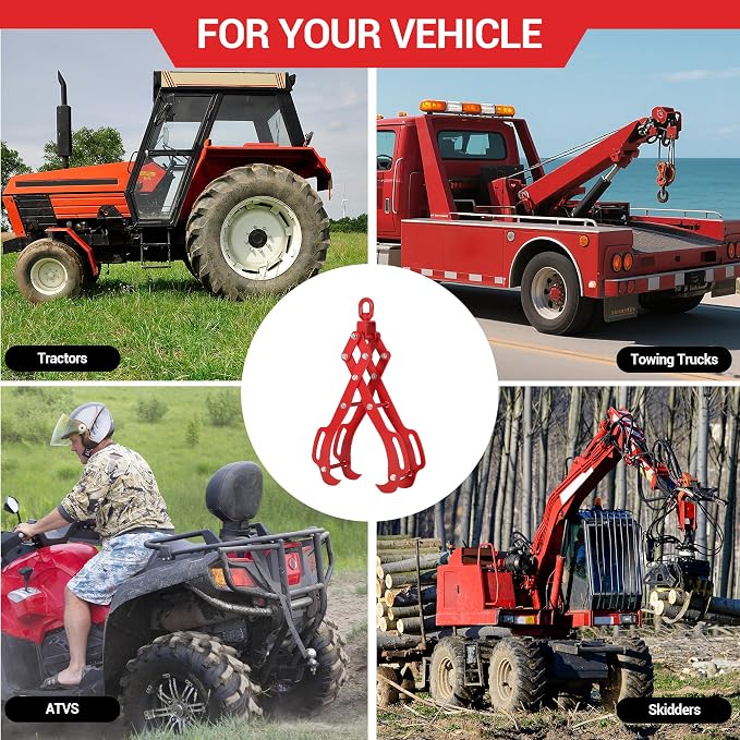 28 in Log Lifting Tongs with 4 Claw, Heavy Duty Steel Logging Grabbler, 360° Swivel Dragging Tongs, Anti-Slip Skidding Tongs for Tractors, Trucks, Firewood, Lumber