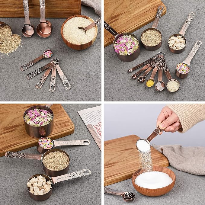 Copper Measuring Cups and Spoons Set, Stainless Steel Measuring Tools Set for Baking & Kitchen, Metric & US 4 Copper Plated Measure Cups and 5 Measure Spoons with Leveler for Wet & Dry