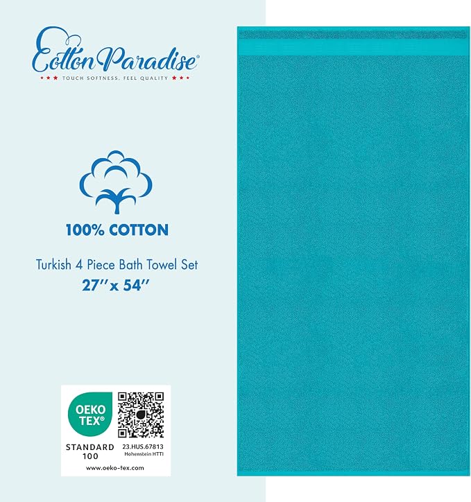Cotton Paradise 100% Cotton Turkish Towel Set, Soft Absorbent Quick Dry, 4 Piece Bath Towel Set, Ocean Aqua
