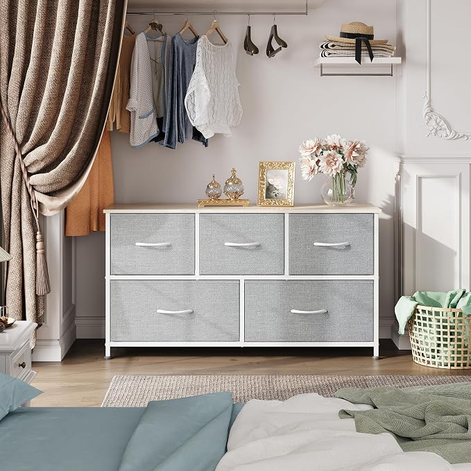 WLIVE Wide Dresser for Bedroom, 5 Drawer Chest of Drawers, Light Grey | 5 roomy fabric drawers, Wide storage design, Bedroom or closet use, Sturdy steel frame, Smooth wood tabletop