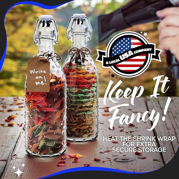 Nevlers 17 Oz Dotted Swing Top Glass Bottles with Airtight Lid 6 PK | Flip Top Glass Bottle with Stopper, Wrap, Funnel, Brush, Tags & Marker | Alcohol Bottle Set | Fermentation Bottles with Stoppers